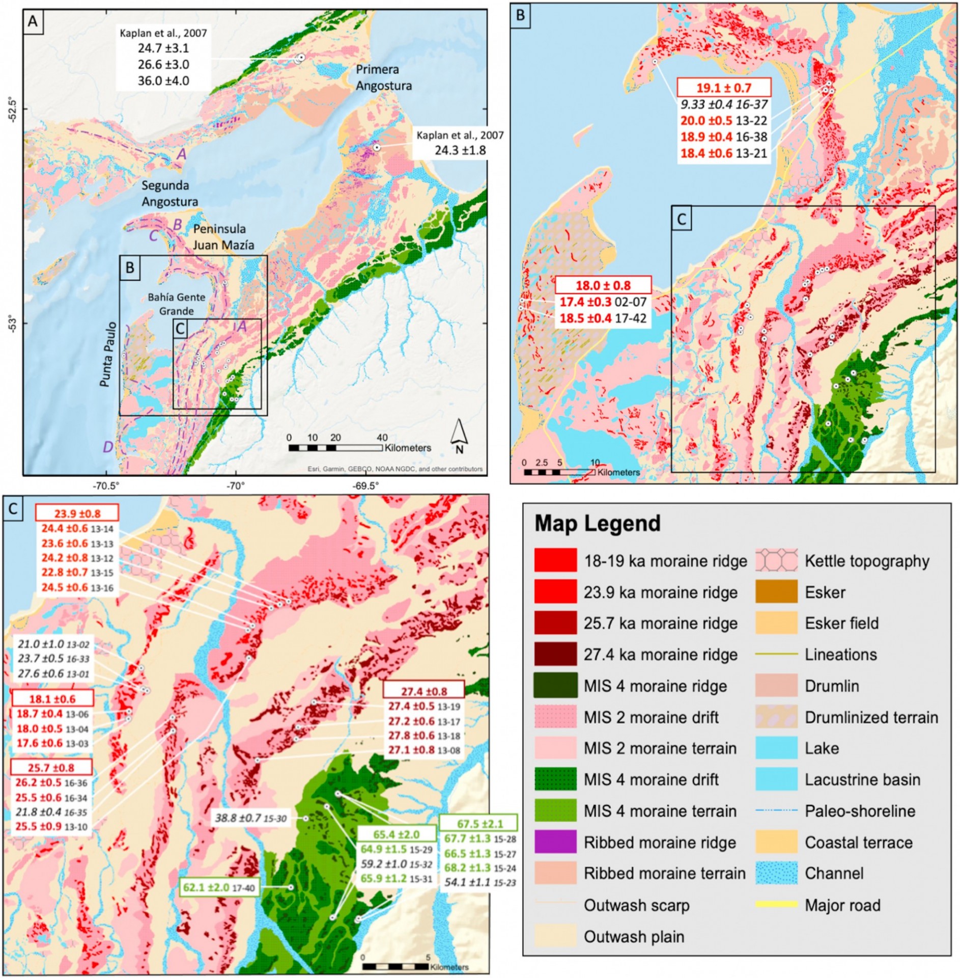 Geomorphic map. Adapted from Soteres et al. (2020) with newly mapped moraine crests and 34 new 10Be ages. A. Purple dashed lines with italic alphabetical labels demarcate the approximate limits of advances A-D described in past work. B–C. Within the white boxes, mean moraine ages are shown on top (±the standard error of the mean, including the 3% propagated production rate error). Individual samples are shown with their internal error and sample name in black. 